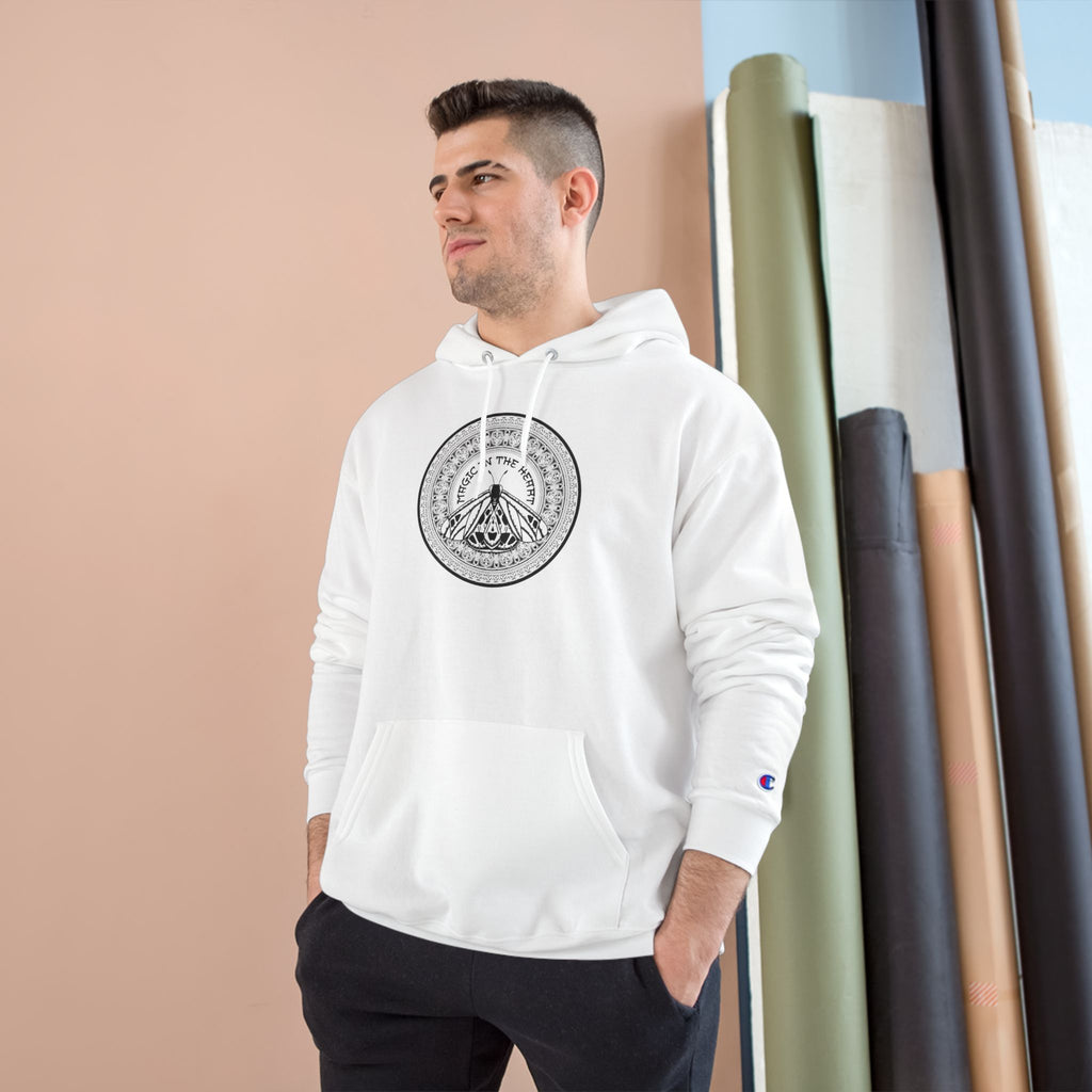 Champion Hoodie — Minimalist Moth Circle Graphic Hooded Sweatshirt