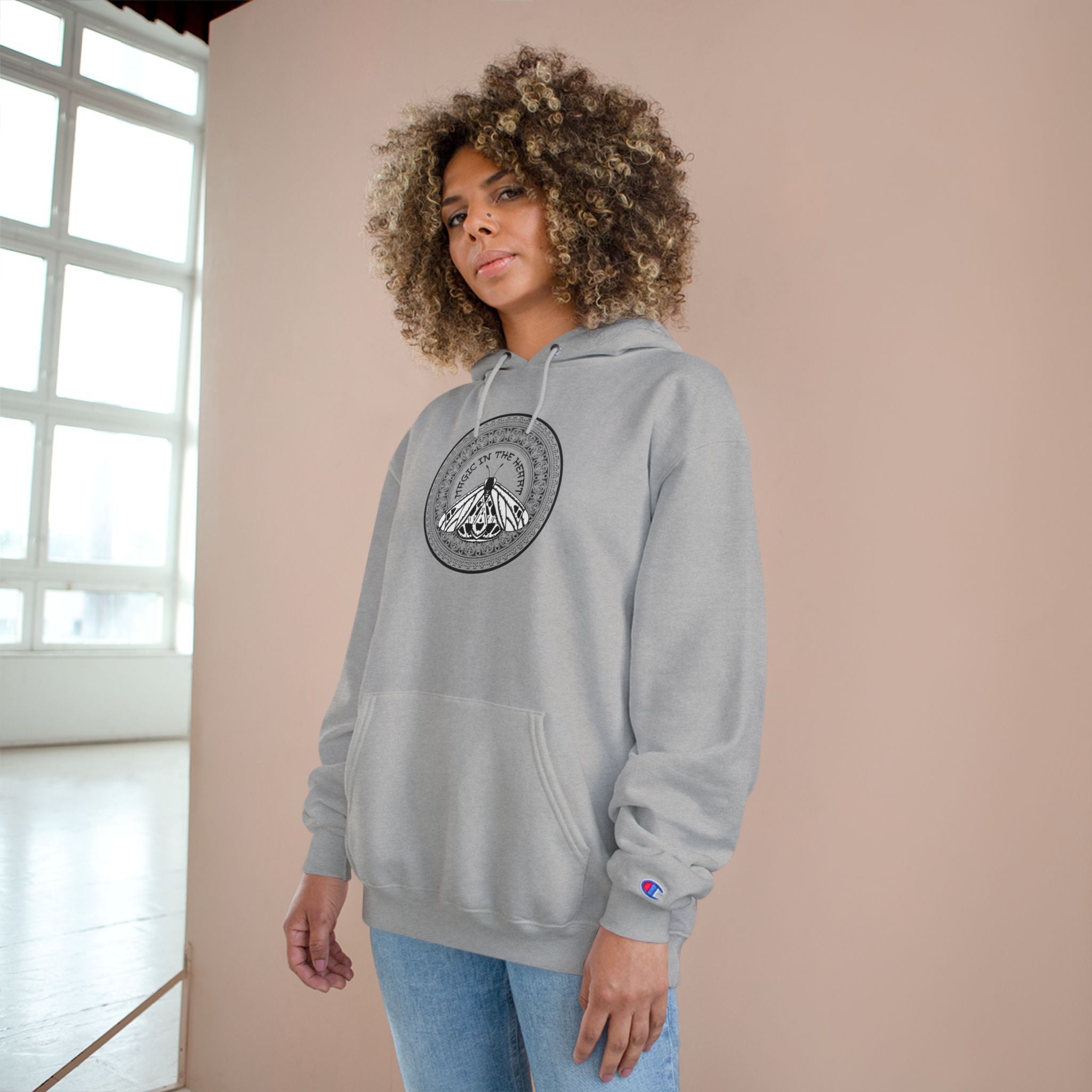 Champion Hoodie — Minimalist Moth Circle Graphic Hooded Sweatshirt