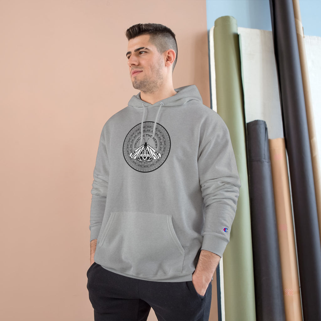 Champion Hoodie — Minimalist Moth Circle Graphic Hooded Sweatshirt