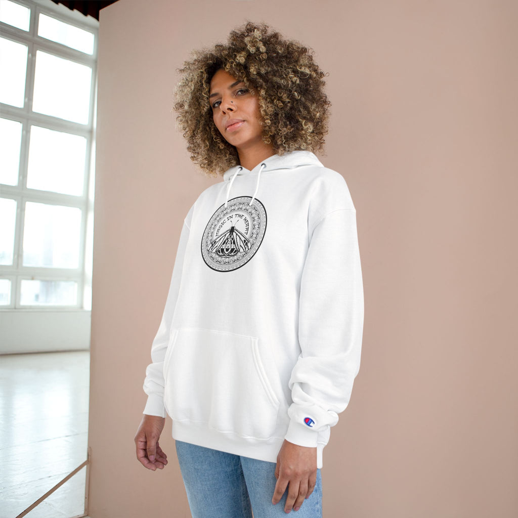Champion Hoodie — Minimalist Moth Circle Graphic Hooded Sweatshirt