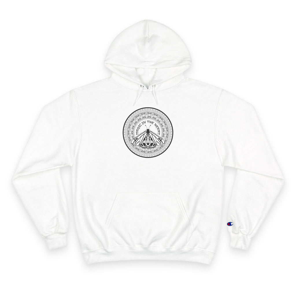 Champion Hoodie — Minimalist Moth Circle Graphic Hooded Sweatshirt