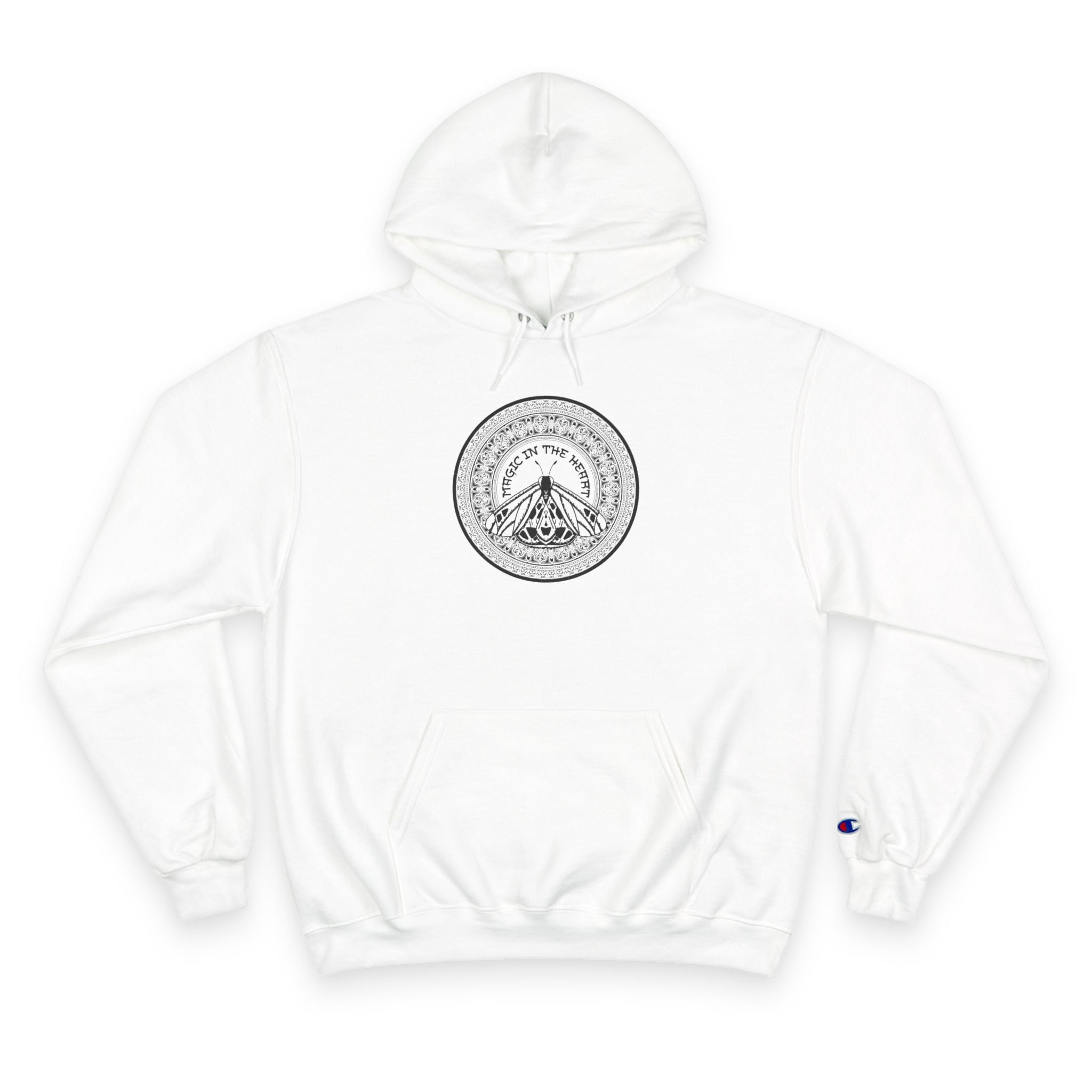 Champion Hoodie — Minimalist Moth Circle Graphic Hooded Sweatshirt